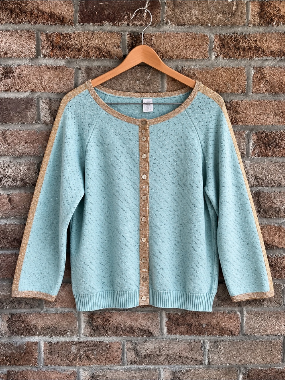 Boutique Silk Cotton Cardigan Seafoam Gold Metallic Pointelle Knit